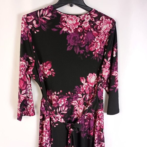 NY Collection B-Slim A-Line Floral Midi Dress XL Black Pink Tie Back Flattering - Picture 8 of 8